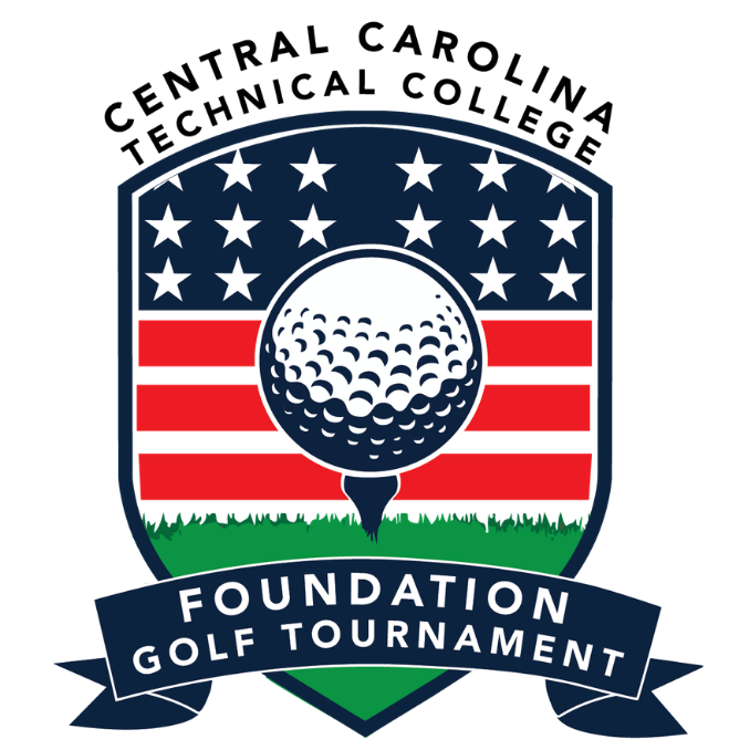 Central Carolina Technical College Foundation Golf Tournament logo featuring a golf ball on a tee over an American flag design.