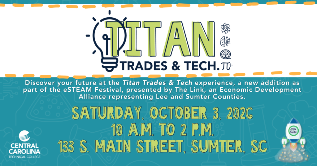 Event details with Titan Trades & Tech logo, scannable QR code and CCTC and Esteam logos.