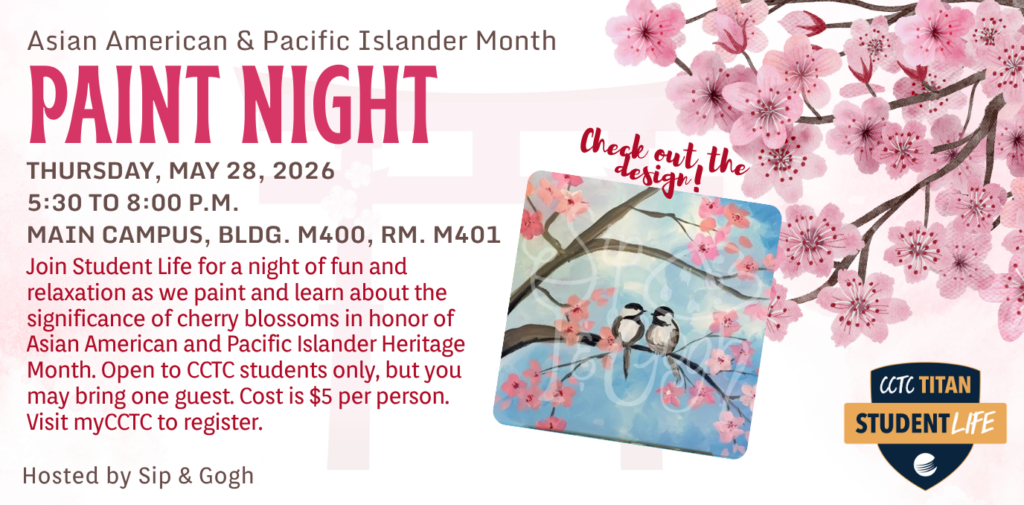 Event details with sample image of the canvas with cherry blossoms and chickadees. Student Life logo in the bottom right corner.
