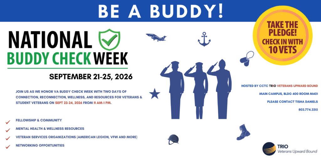 Event details with Veterna Buddy Check logo, military clipart, and TRIO logo.
