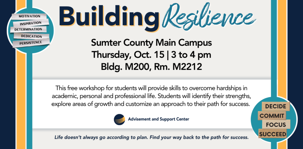 Event details with CCTC school colors and Advisement logo. Bubbles on each side have words of encouragement.