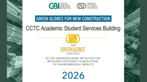 Logo for the 2026 Green Building Initiative Green Globes for New Construction certificate for the CCTC Academic Student Services Building.