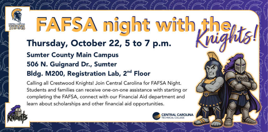 Event details with a navy blue background that fades into the purple of Crestwod high school colors. CCTC Titan and Crestwood Knight mascots stand back to back with their arms crossed.