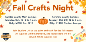 Fall Crafts Night graphic with pumpkin and leaves
