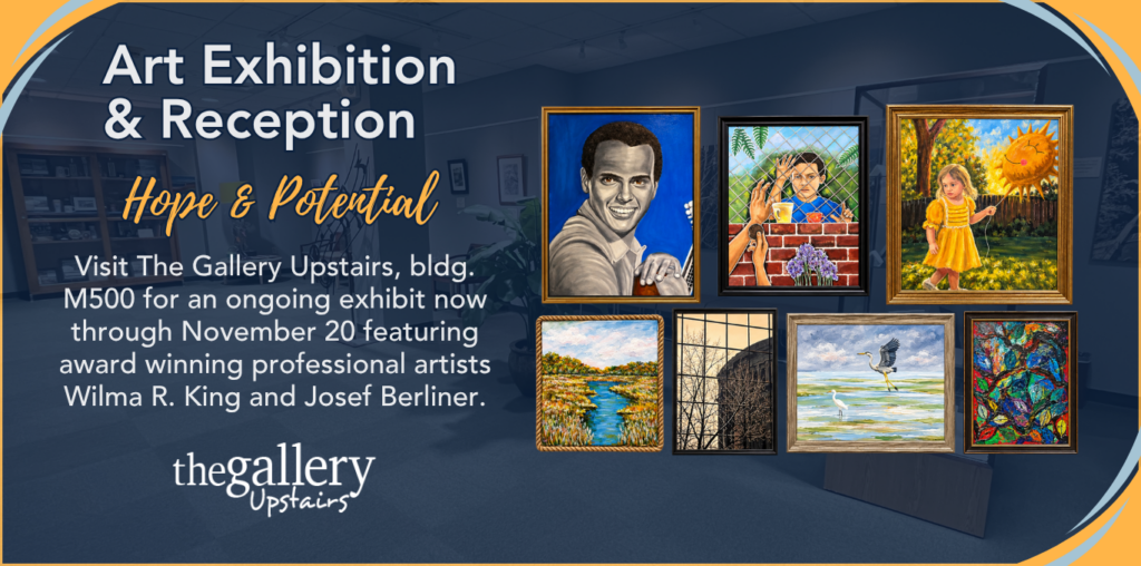 Event details with the Gallery Upsairs logo and a collage of art that will be shown at the exhibit.