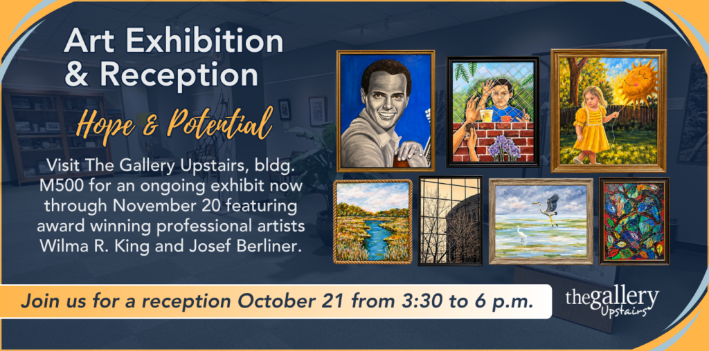 Event details with the Gallery Upsairs logo and a collage of art that will be shown at the exhibit.