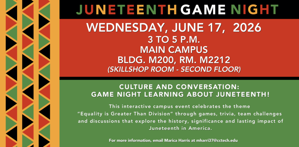 Event details with colors of the African flag of red, gold, and green and the headline Juneteenth Game Night.