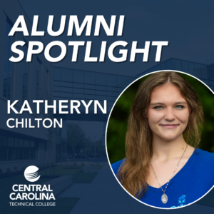 Square image with navy blue background with an oval photo inset of a young caucasian woman with long brown, wavy hair and a bright blue scrub top. Text reads Amuni Spotlight, Katheryn Chilton and CCTC logo in bottom left corner.
