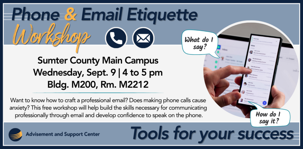 Event details with a photo of a person's hand holding and working a smart phone with a laptop in the background. Caption bubbles say "what do I say" and "how do I say it?"