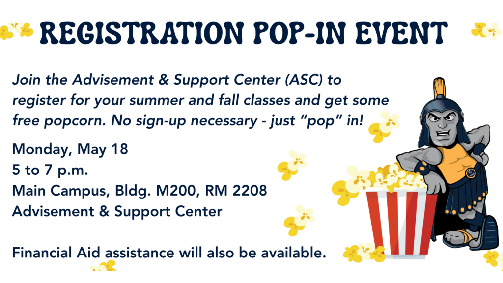 Event details with fun popcorn theme and cartoon Titan leaning on a giant bucket of popcorn with popcorn scattered across the image.