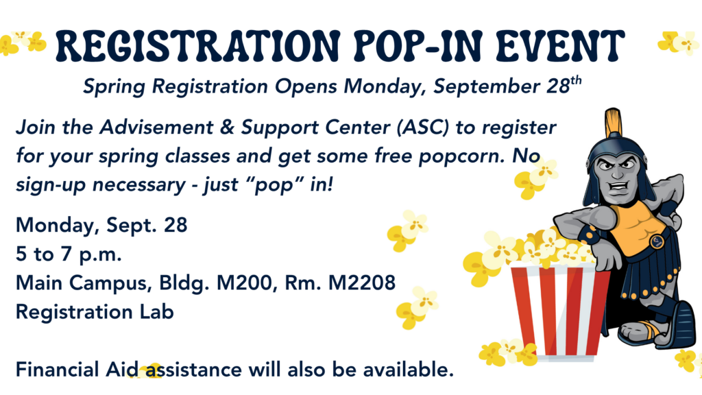 Event details with fun popcorn theme and Titus the Titan mascot leaning on a large bucket of popcorn.