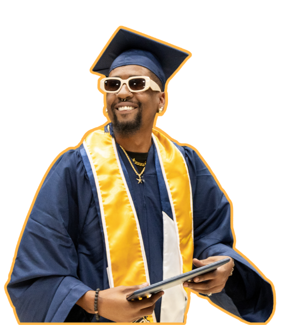 African american male wearing graduation regalia and sunglasses