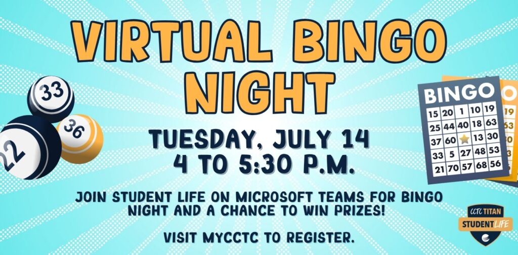 Event details with bingo them and a light blue starburst background. Bing cards and bingo balls with numbers clipart. Student Life logo in bottom right corner.