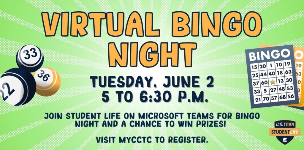 Event details with bingo them and a light green starburst background. Bing cards and bingo balls with numbers clipart. Student Life logo in bottom right corner.