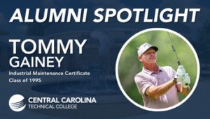 Alumni spotlight graphic with circle frame of a man in a red golf polo with a golf club in his hand.